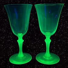 VTG Iridescent Glass Goblets Uranium Stem Bottom Drinking Glasses Set 2 UV Glow picture