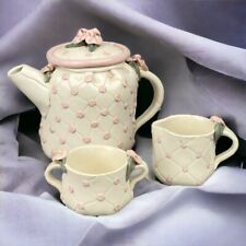 Vintage Lynn Fisher Pottery Teapot Creamer and Sugar with Pink Flowers (Signed) picture