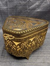 Gold Ormolu Beveled Glass Casket Jewelry Box Filigree Hollywood Regency MCM VNTG picture