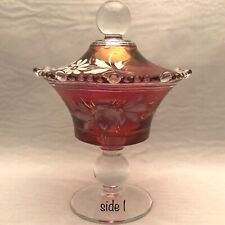 Paden City Hand Painted Cranberry Red Beaded Covered Pedestal Compote USA 9.5