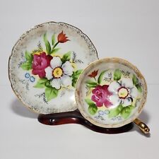 Floral Teacup and Saucer Japan Hand Painted Pink White Flowers Vintage picture