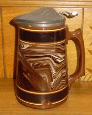 Antique Mochaware Or Thompson Broadhead Pottery Pitcher w/ Pewter Lid picture