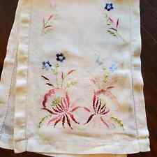 Vintage Linen Table Doily Runner Pink Blue Embroidery 34x12 Inch picture