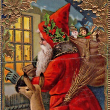 1914 Santa Claus Presents Bag Reindeer Joyful Christmas Xmas Embossed Postcard picture