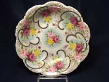 Antique Handpainted Porcelain Bowl Yellow Magenta Pink Roses Scroll Gold Trim 9