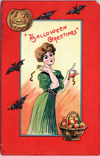 1909 Halloween Postcard - Pretty Woman Peeling Apples - Bats, Scary Pumpkin picture