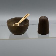 Vintage Carved Wood Salt Cellar And Pepper With Spoon picture