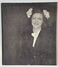 Vtg 1940s Studio Pose Photo Pretty Woman with Flower Poufs in Hair Black Suit picture