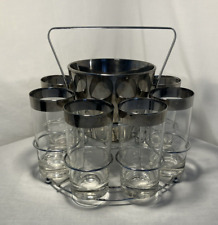 Vintage Dorothy Thorpe style 8 Silver Stripe Tumblers with Ice Bucket and Caddy picture