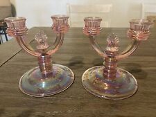 Fenton Lead Crystal Two Taper Candlestick Candelabra Pair Pink Iridescent picture