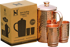 Pure Copper Hammered Water Jug with 2 Hammered Copper Tumblers Copper Pitcher picture
