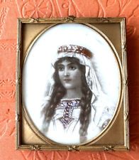 Antique 19th century Orientalist woman painted oval glass brass framed portrait picture