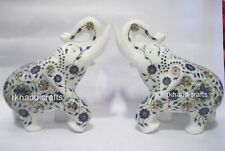 8 Inches White Marble Elephant Statue Handmade Up Trunk Elephant Set of 2 Pieces picture