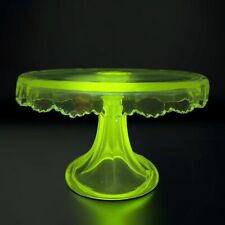 Antique Clear Cake Stand Scalloped Sawtooth Edge Manganese 365nm Green UV Glow picture