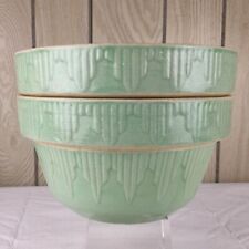 2 Vintage Stoneware Mixing Bowls 6.75” Turquoise Picket Fence Sawtooth picture