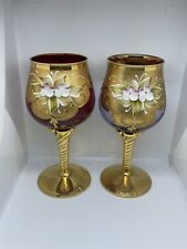 GlassOfVenice Murano Glass Wine Glasses w/ 24K Gold Leaf ~ Lot of 2 Red & Purple picture