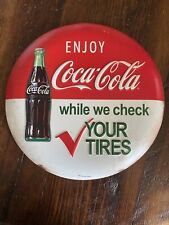 Enjoy Coco-Cola Round Metal Sign While We Check Your Tires Vintage Garage picture