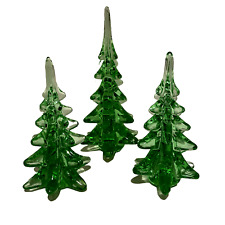 Vintage Crystal Green Glass Art Glass Christmas Tree Figurines Lot of 3 - 9 & 6