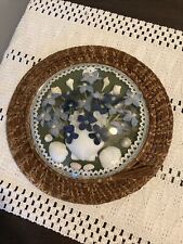 Vintage SEA SHELL FLORAL Wall ART Domed GLASS Woven Wicker Frame~BOHO/MCM. 8” picture