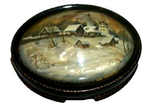 HP MINIATURE OIL PAINTING ON ABALONE SHELL WINTER VILLAGE BOX RUSSIAN FEDOSKINO picture