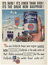 1947 Gulf Oil Co. Ad: Gulfpride Motor Oil - Can Pic Prominent, Gas Station Pic picture