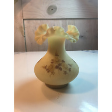Vintage Fenton Ruffled Floral Custard Vase Hand Painted Artist Signed 7