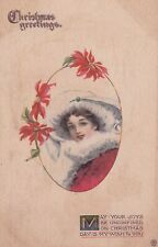 Christmas Greetings Vintage 1913 Postcard Smiling Young Pretty Woman Holidays picture
