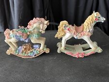 Vintage Ceramic Hand Painted Carousel Horses Wood Base Figurines Lot Of 11 picture