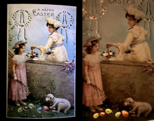 ~Hold To Light~Two Pretty  Girls with Lamb~Flowers~Eggs~1908~HTL Easter Postcard picture