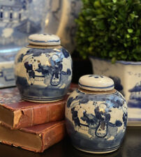 Elegant Blue White Chinoiserie Character Scene Ginger Tea Caddy Jar Pair 4.25” picture