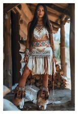 GORGEOUS YOUNG NATIVE AMERICAN LADY LOG CABIN 4X6 FANTASY PHOTO picture