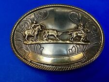 Rodeo Roping Vtg. German Silver Belt Buckle W/ Engravable Trophy Award Ribbon picture