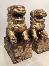 Antique Vintage Chinese wood gold foo dogs statue picture