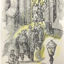 Vintage Mid Century Christmas Greeting Card Walking Out Of Midnight Mass Church picture