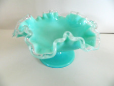 Fenton Turquoise Silver Crest Pedestal Candy Dish Double Crimped 1950s Footed picture