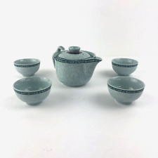 Vintage Japanese Teapot & Teacups Saki Set Blue Green Porcelain Marked On Bottom picture