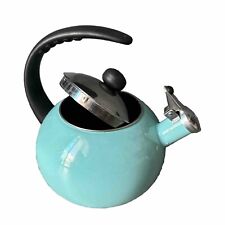 Farberware Whistling Tea Kettle Aqua Blue Turquoise Enamel 10 Cup picture