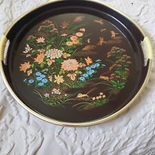 Toyo Vintage Japan Brown Laquerware Round Serving Tray Floral Grasshoppers MCM picture
