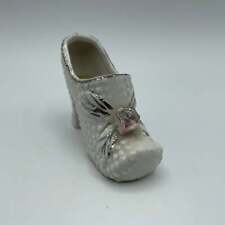 Vintage White High Heel Porcelain Shoe Figurine Pink Rose With Silver Trim picture