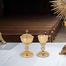 Orthodox 24 kt Gold Plate Brass Etched Grapes Ciborium Chalice Paten Set 9.5 In picture