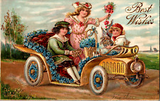 1908 Best Wishes Gold Tone Guild Embossed Postcard 3 Young Girls Driving Old Car picture