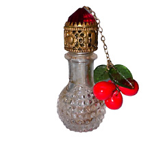 Vintage Czech Irice Perfume Bottle w/ Enamel & Jeweled Top w 2 Red Cherry Charms picture