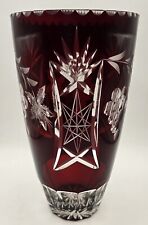 Vintage Czech Bohemian Ruby Red Cut to Clear Crystal Glass Vase 8.25