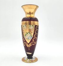 Vintage Seyei Ruby Red Glass Vase Bohemian Hand Painted Flowers & Gilt 10