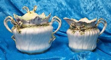 Antique RS Prussia Creamer And Covered Sugar Green Bows Gold Trim Porcelain Rare picture