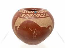 Stunning Native American Red Starr Sioux Buffalo Pottery Vase Turquoise Inlay picture