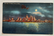 1955 MI Postcard Detroit Michigan Skyline at Night airplane biplane vintage picture