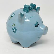 Vintage Piggy Bank Ceramic Blue Flowers Hand painted Cork Stopper Signed Girl picture