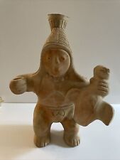 Pre Colombian Aztek Vessel Rep Statue Redware Pottery Man Holding Seal 14” Tall picture