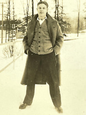 R4 Photograph Attractive Handsome Man In Overcoat Snow 1920-30's picture